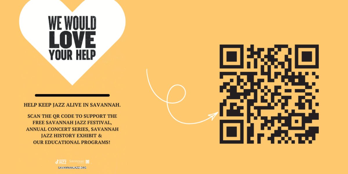 SCAN THE QR CODE TO SUPPPORT THE FREE SAVANNAH JAZZ FESTIVAL, ANNUAL CONCERT SERIES, SAVANNAH JAZZ HISTORY EXHIBIT & OUR EDUCATIONAL PROGRAMS! (1250 x 625 px)